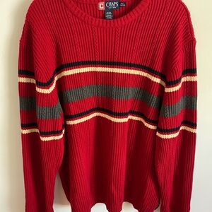 Chaps Red Crewneck Sweater with‎ Black and Cream Stripes Preppy Ivy League
